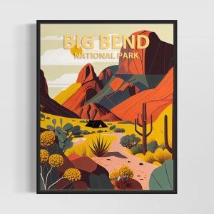 Impresión de arte retro del Parque Nacional Big Bend, ilustración del Parque Nacional Big Bend, póster de diseño minimalista vintage del Parque Nacional Big Bend