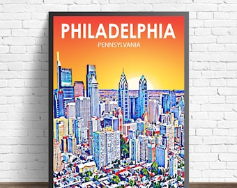 Philadelphia PA Art Poster,  Pennsylvania Sunset Landscape Poster Print, Philadelphia City Wall Canvas Art Skyline Sketch Photo