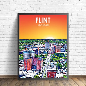 Flint MI Art Poster Sunset Landscape Poster Print, Flint City Wall Art United States Colorful Skyline Sketch Photo