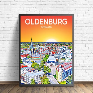 Affiche d'art Oldenburg Allemagne coucher de soleil / nuit affiche impression d'art, art mural moderne encadré ville d'Oldenburg, croquis photo toile d'horizon cadeau