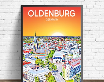 Oldenburg Deutschland Kunst Poster Sonnenuntergang / Nacht Poster Kunstdruck, Oldenburg Stadt gerahmt moderne Wandkunst, Skyline Leinwand Foto Skizze Geschenk