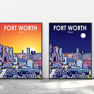 Póster artístico de Fort Worth, Texas, impresión de póster con paisaje al atardecer, arte de pared de la ciudad de Fort Worth, boceto de horizonte colorido de Estados Unidos