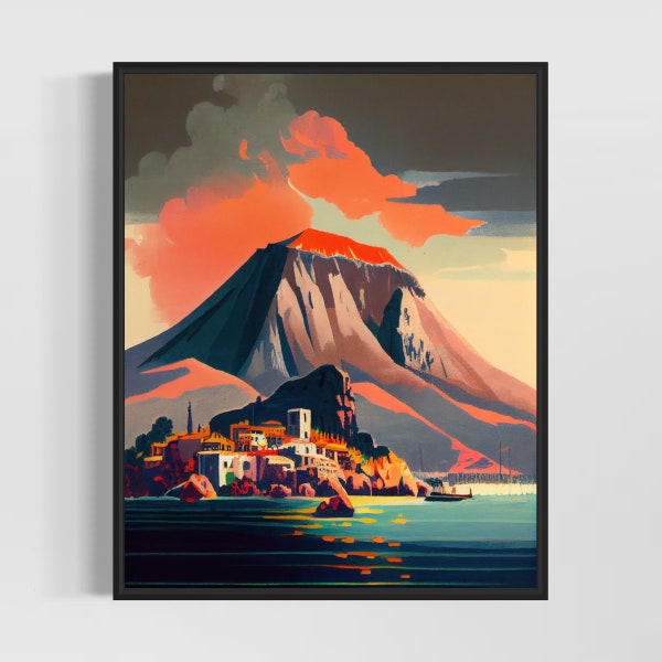 Mount Vesuvius Retro Art Print, Mount Vesuvius Illustration, Mount Vesuvius Vintage Minimal Design Poster