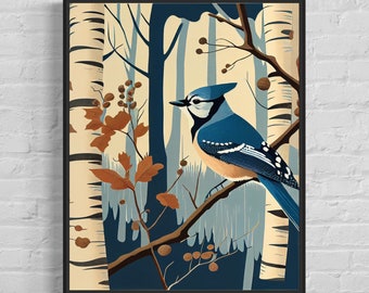 Blue Jay and Birch Tree Retro Art Print, Blue Jay and Birch Tree Illustration, Blue Jay and Birch Tree Vintage Minimal Design Poster