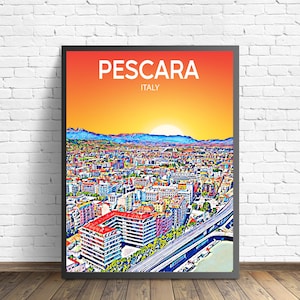 Pescara Italie affiche d'art coucher de soleil / nuit affiche impression d'art, art mural moderne de la ville de Pescara, horizon coloré toile photo croquis cadeau