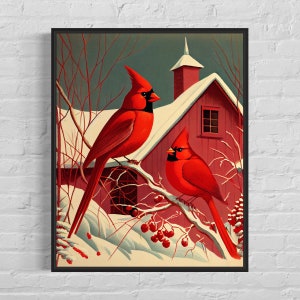 Rote Kardinäle Retro Art Print, Rote Kardinäle Illustration, Rote Kardinäle Vintage Minimal Design Poster