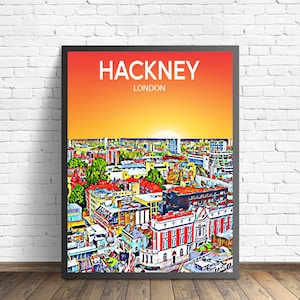Hackney London Art Poster Sunset / Night Poster Art Print, Hackney City Framed Modern Wall art, Colorful Skyline Canvas Sketch
