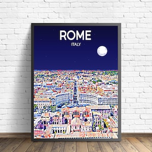 Rome Italy Art Poster Sunset / Night Poster Art Print, Rome City Modern Wall art, Colorful Skyline Canvas Photo sketch Gift