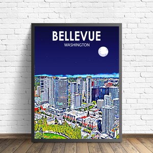 Bellevue Washington Art Poster Sunset / Night Landscape Poster Print, Bellevue City Framed Wall Art Skyline Sketch artwork