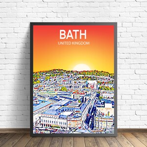 Bath UK Art Poster Sunset / Night Poster Art Print, Bath City Arte de parede moderna emoldurada, esboço de tela de horizonte colorido