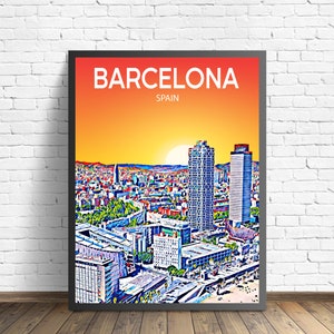 Barcelona Spain Art Poster Sunset / Night Poster Art Print, Barcelona City Framed Modern Wall art, Colorful Skyline Canvas Sketch