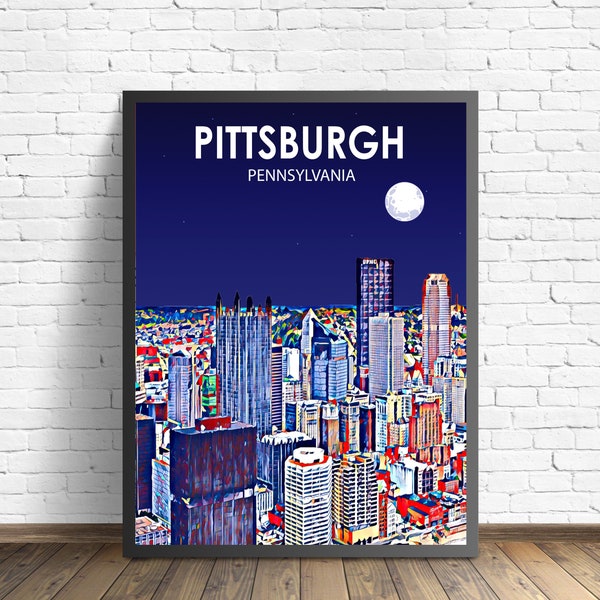 Pittsburgh Pennsylvania Art Poster Sunset Landscape Poster Print, Pittsburgh pa City Wall Canvas Art Colorful Skyline Sketch Photo