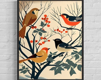 Finches Retro Art Print, Finches Illustration, Finches Vintage Minimal Design Poster