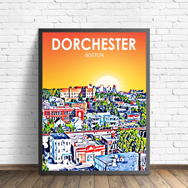 Dorchester Boston Art Poster Sunset Landscape Poster Print, Dorchester City Framed Wall Art United States Colorful Skyline Sketch Photo