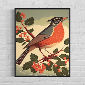 American Robin Retro Art Print, American Robin Illustration, American Robin Vintage Minimal Design Poster