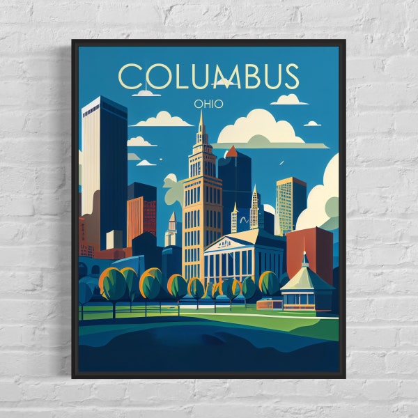 Columbus Ohio Retro Art Print, Columbus Wall Art Illustration, Columbus Vintage Minimal Design Poster