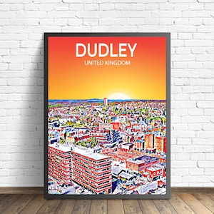 Dudley UK Art Poster Sunset / Night Poster Stampa artistica, Dudley City incorniciata Modern Wall art, Colorful Skyline Canvas