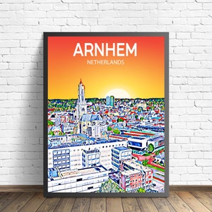 Arnhem Niederlande Sonnenuntergang / Nacht Poster Kunst Druck, Arnhem Stadt Moderne Wandkunst, Bunte Skyline Leinwand Skizze