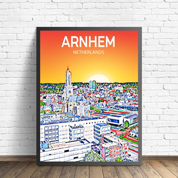 Arnhem Netherlands Sunset / Night Poster Art Print, Arnhem City Modern Wall art, Colorful Skyline Canvas Sketch