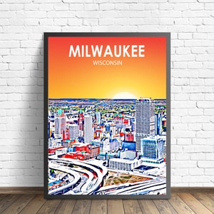 Milwaukee WI Art Poster, Wisconsin Sunset Landscape Poster Print, Milwaukee City Framed Wall Canvas Art Colorful Skyline Sketch Photo