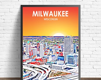 Milwaukee WI Art Poster, Wisconsin Sunset Landscape Poster Print, Milwaukee City Framed Wall Canvas Art Colorful Skyline Sketch Photo