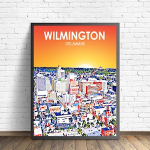 Cartaz de arte de Wilmington DE, impressão de pôster de paisagem do pôr do sol de Delaware, arte em tela de parede da cidade de Wilmington, esboço de foto de horizonte colorido