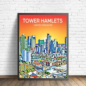 Tower Hamlets Kunst Poster Vereinigtes Königreich Sonnenuntergang / Nacht Poster Kunstdruck, Tower Hamlets Stadt gerahmt moderne Wandkunst, Skyline Leinwand Foto