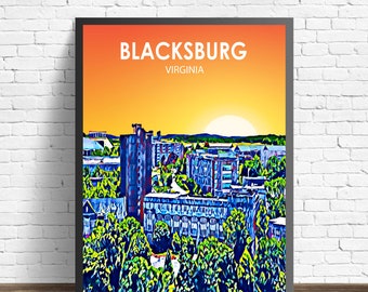 Blacksburg Virginia Art Poster Sunset / Night Landscape Poster Print, Blacksburg VA Framed Wall Art United States, Colorful Skyline Sketch
