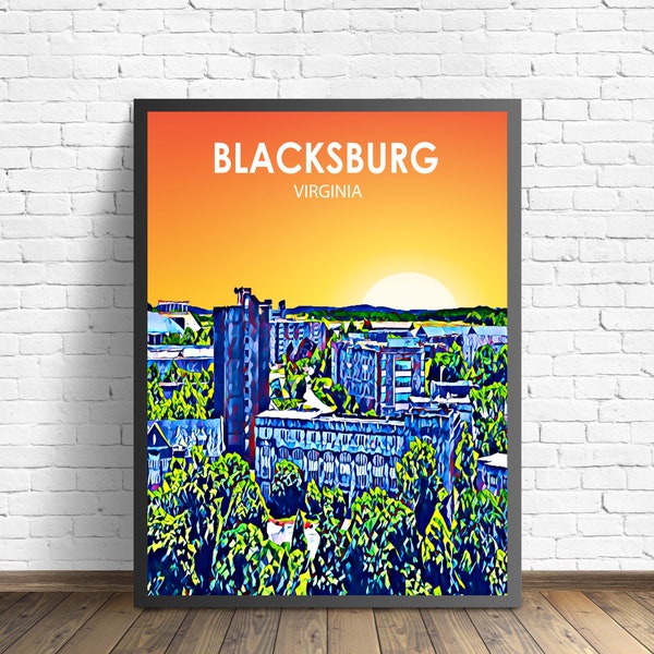 Blacksburg Virginia Art Poster Sunset / Night Landscape Poster Print, Blacksburg VA Framed Wall Art United States, Colorful Skyline Sketch