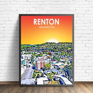 Renton WA Art Poster, Washington Sunset Landscape Poster Print, Renton City Framed Wall Canvas Art Colorful Skyline Sketch Photo