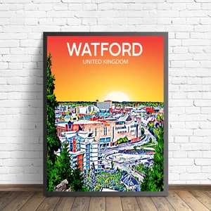 Watford United Kingdom Art Poster Sunset / Night Poster Art Print, Watford City Modern Wall art, Colorful Skyline Canvas Photo