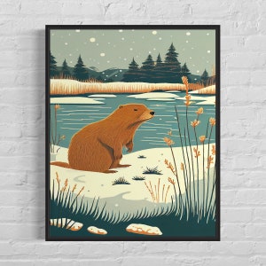 Beaver Retro Art Print, Beaver Art Illustration, Beaver Vintage Wall Art