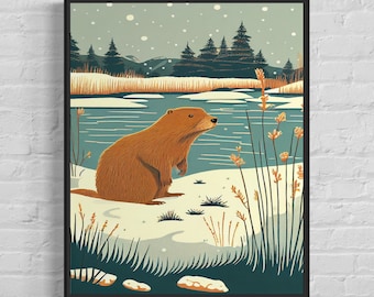 Beaver Retro Art Print, Beaver Art Illustration, Beaver Vintage Wall Art