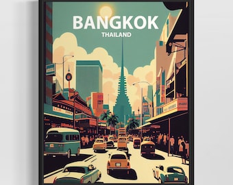 Bangkok Retro Art Print, Bangkok Wall Art Illustration, Bangkok Vintage Minimal Design Poster