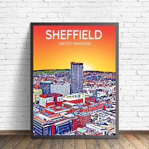 Sheffield UK Art Poster Sunset / Night Poster Art Print, Sheffield City Framed Modern Wall art, Colorful Skyline Canvas Photo sketch Gift