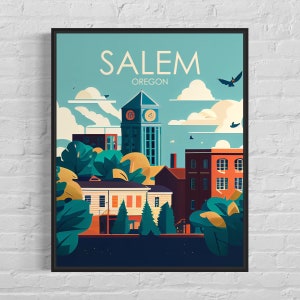 Impression d&#39;art rétro Salem Oregon, illustration d&#39;art mural Salem, affiche vintage design minimaliste de Salem