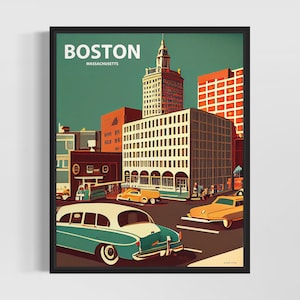Boston Retro Art Print, Boston Wall Art Illustration, Boston Vintage Minimal Design Poster
