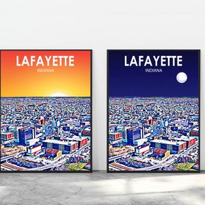 Lafayette Indiana Art Poster Sunset Landscape Poster Print, Lafayette City Framed Wall Canvas Art Colorful Skyline Sketch Photo