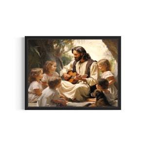 Póster de arte impreso con Jesús con niños, decoración de pared con religión cristiana