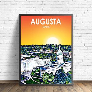 Augusta Maine Art Poster Sunset / Night Landscape Poster Print, Augusta Framed Wall Art United States, Colorful Skyline Sketch Home Decor