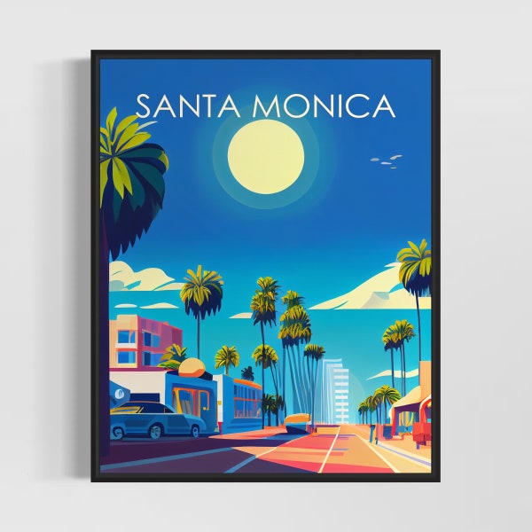 Santa Monica Kalifornien Retro Art Print, Santa Monica Art Illustration, Santa Monica Vintage Minimal Design Poster