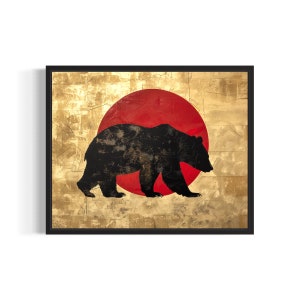 Black Bear Art Print, Red And Gold Wall Art Decoration Artwork