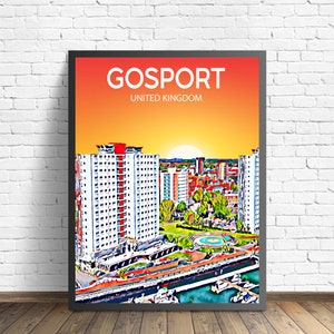 Póster artístico de Gosport, Reino Unido, impresión artística de atardecer/noche, arte mural moderno de la ciudad de Gosport, boceto de lienzo con horizonte colorido