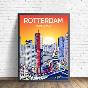 Rotterdam Nederland Kunst Poster Sonnenuntergang/Nacht Poster Kunstdruck,Rotterdam Stadt Moderne Wandkunst, Leinwand Foto Skizze Geschenk
