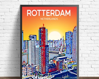 Rotterdam Netherlands Art Poster Sunset / Night Poster Art Print, Rotterdam City Modern Wall art, Canvas Photo sketch Gift