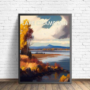 Impressão de arte retrô do Lago Champlain, ilustração de arte de parede do Lago Champlain, arte de pôster de design vintage dos anos 1960 do Lago Champlain