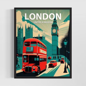 Impresión de arte retro de Londres, Reino Unido, ilustración de arte mural de Londres, póster de diseño minimalista vintage de Londres