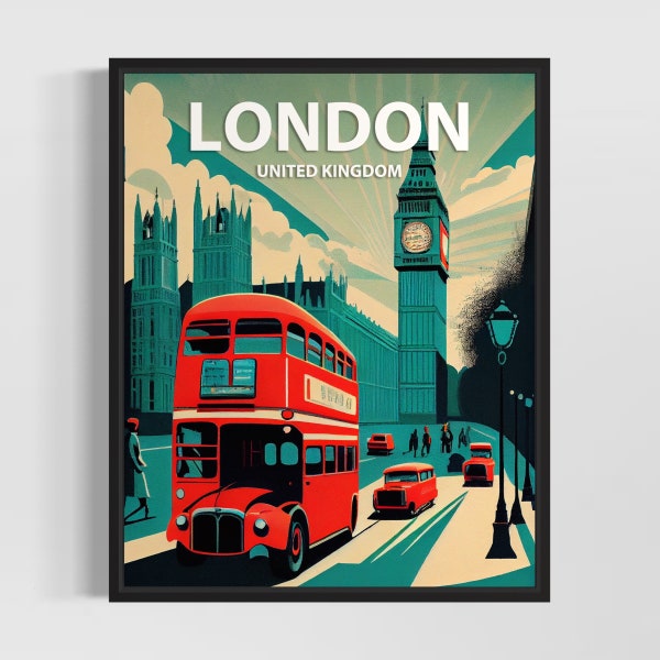 Impression d’art rétro de Londres au Royaume-Uni, illustration d’art mural de Londres, affiche de conception minimale vintage de Londres