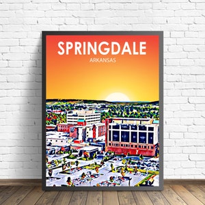Affiche d'art en RA de Springdale, impression d'affiche de paysage coucher de soleil de l'Arkansas, ville de Springdale, toile d'art murale encadrée, photo d'esquisse colorée d'horizon