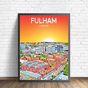 Fulham London Kunst Poster Sonnenuntergang / Nacht Poster Kunstdruck, Fulham City Gerahmt Moderne Wandkunst, Bunte Skyline Leinwand Skizze
